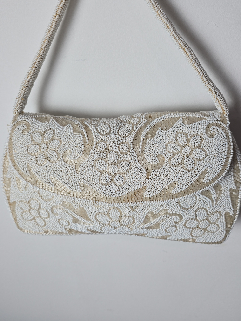 Beaded Floral Evening Clutch in White and Gold-Tone